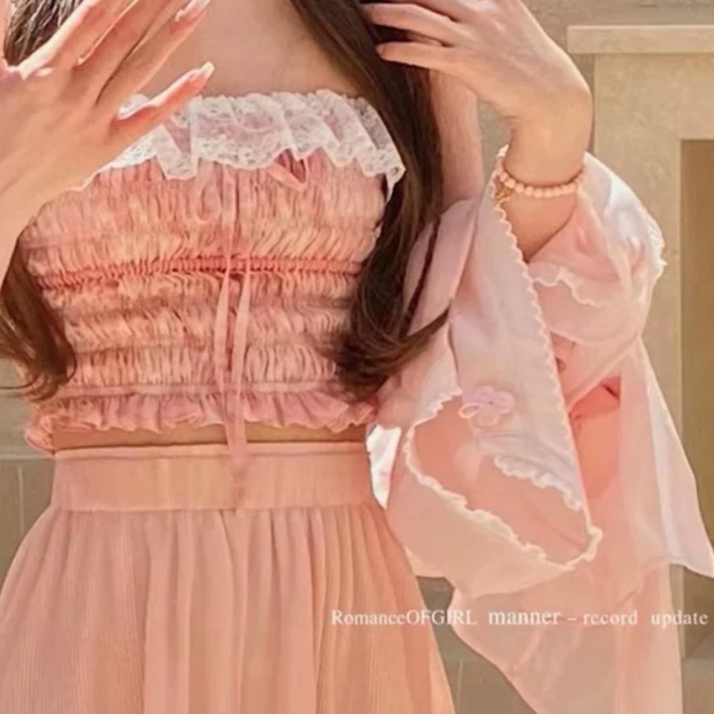 Pastel Pink White Lace Ribbon Bow French Romantic Cottagecore Ballet Crop Top